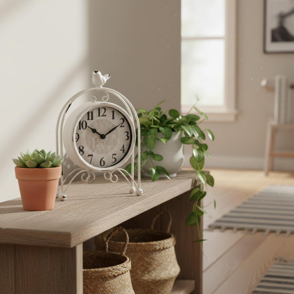 Westclox 9" Bird Table Clock, Antique White Metal, Easy Dial, Glass Lens