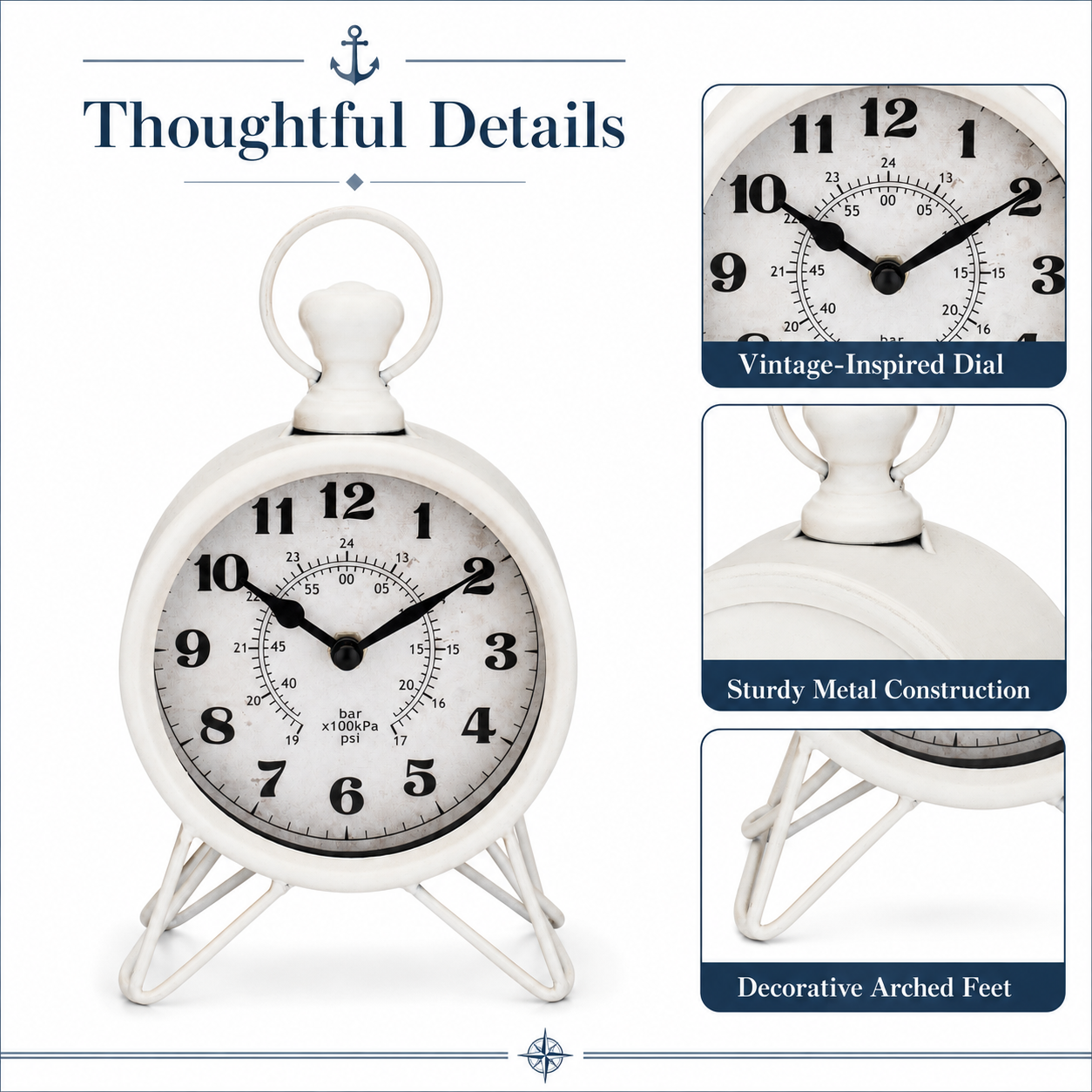 Westclox 9" Industrial Table Clock, Antique White Metal, Easy Dial, Glass Lens