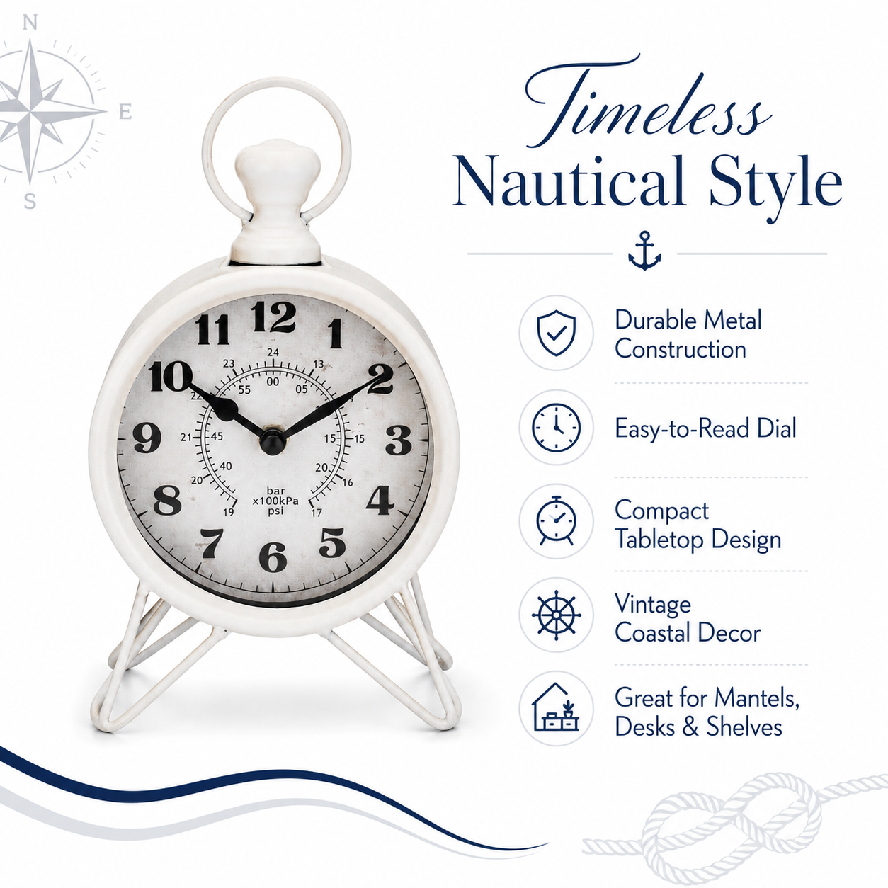 Westclox 9" Industrial Table Clock, Antique White Metal, Easy Dial, Glass Lens