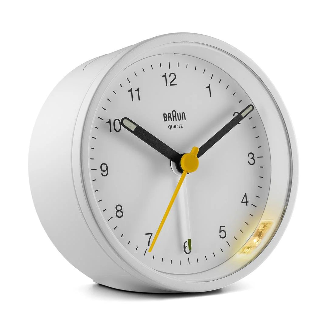 Braun BC12 Analogue Alarm Clock – Iconic Yellow Hand & Quiet Quartz (White)
