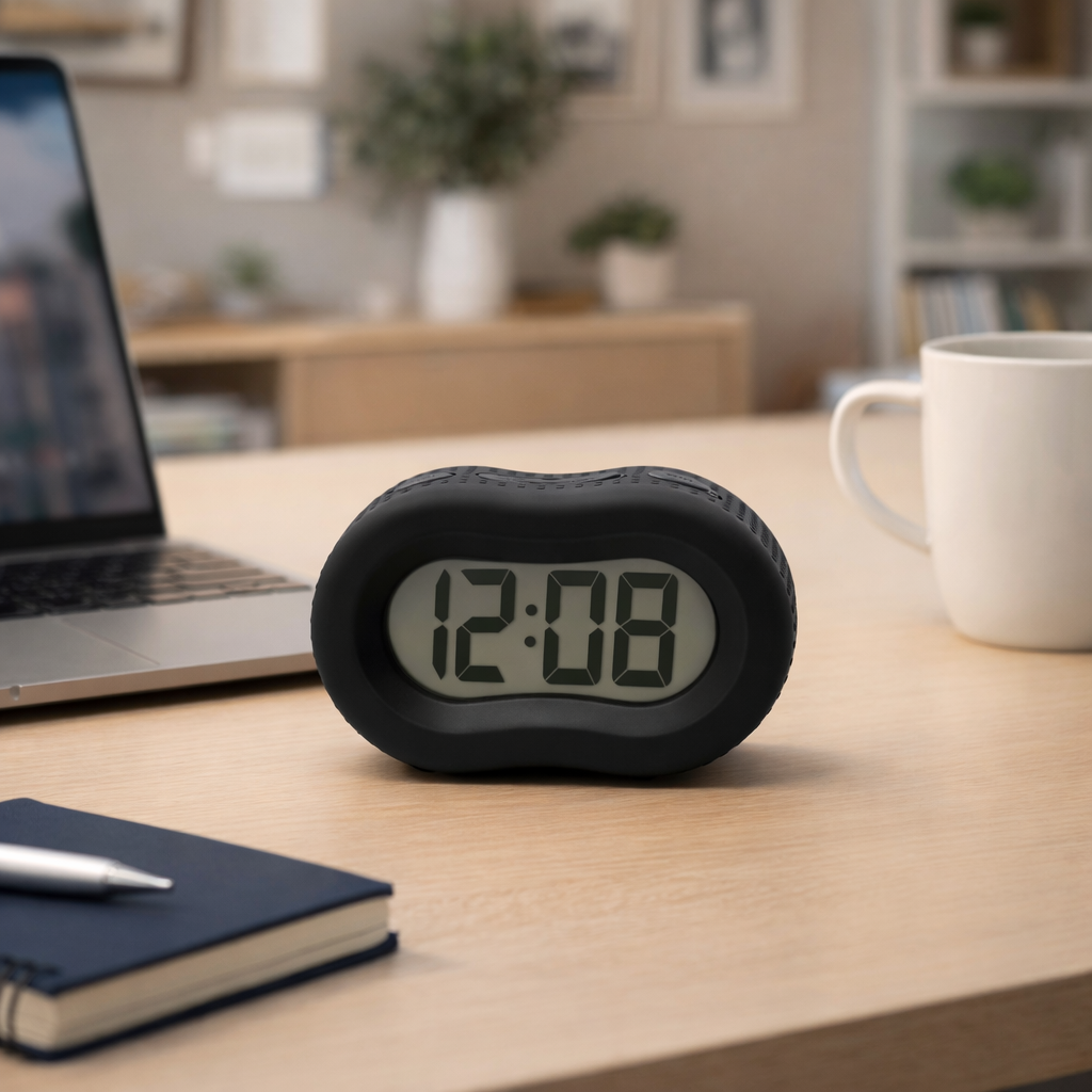 Timelink Alarm Clock, Large Time Display, Automatic Night Light, Black Rubber Case