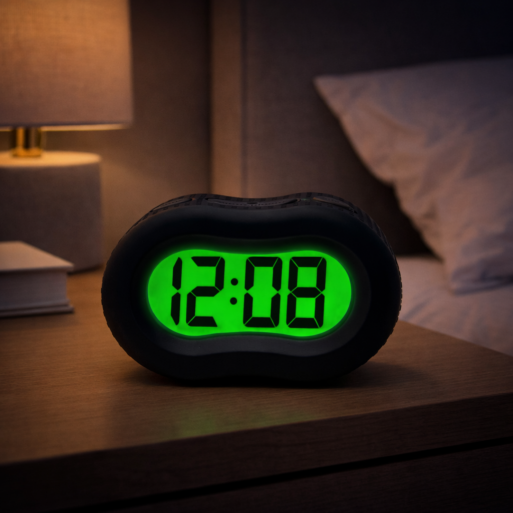 Timelink Alarm Clock, Large Time Display, Automatic Night Light, Black Rubber Case