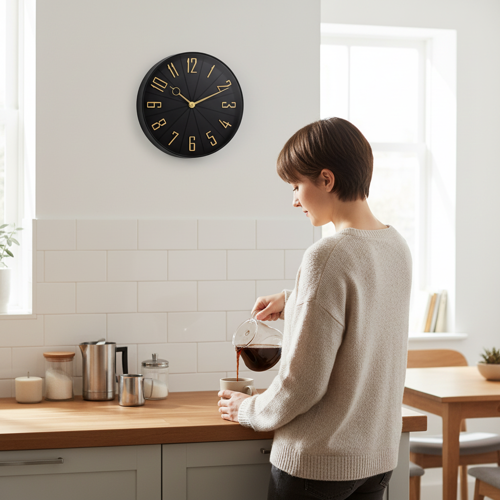 Westclox 12" Contemporary Wall Clock, Raised Gold Numbers, Satin Black, Gold Hands, Glass Lens