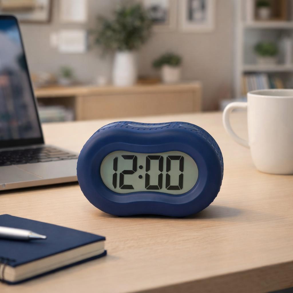 Timelink Alarm Clock, Large Time Display, Automatic Night Light, Navy Blue Rubber Case
