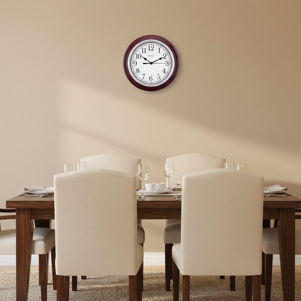 Westclox 9" Basic Wall Clock, Large Dial, Silver Bezel, Metal Hands, Glass Lens, Burgundy