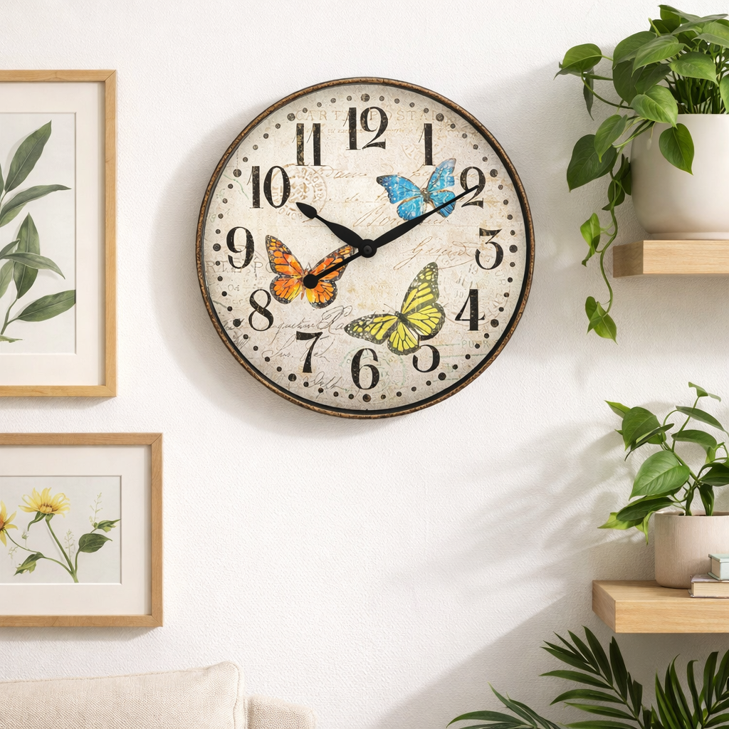 Westclox 12" Vintage Butterflies Wall Clock, Colorful Dial, Bronze Textured Finish, Glass Lens