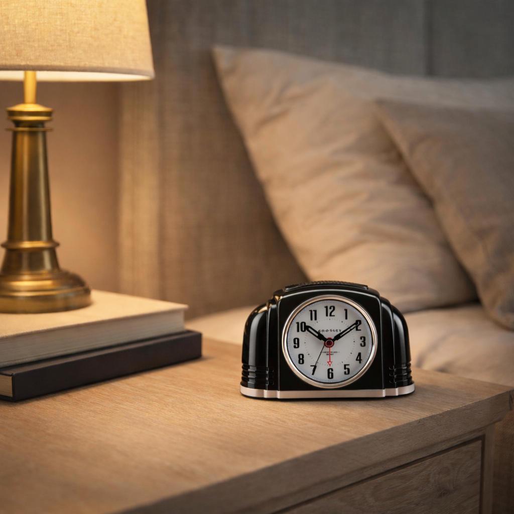 Crosley Art Deco Alarm Clock, Black "Bakelite" Style Finish, Chrome Metal Trim, Quiet Seconds Hand