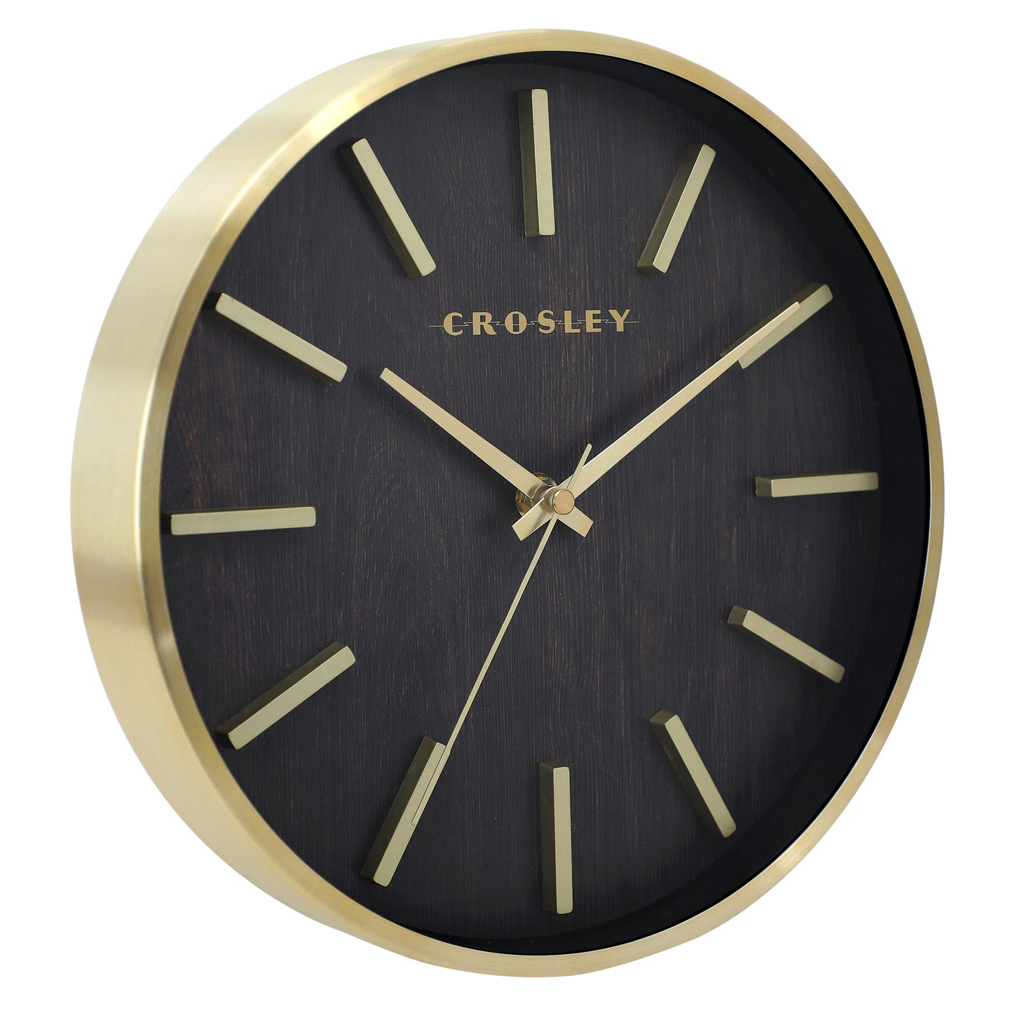 Crosley 10" Wall Clock, Dark Walnut Woodgrain Dial, Brushed Gold Metal Frame, Glass Lens