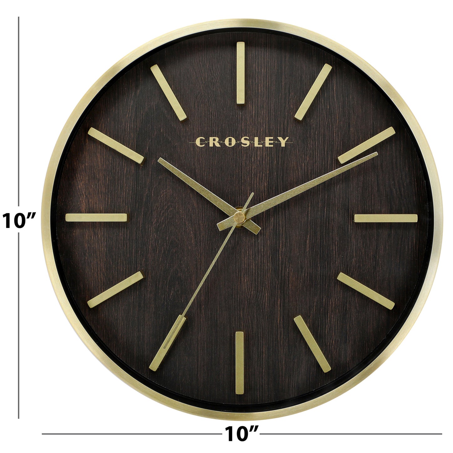 Crosley 10" Wall Clock, Dark Walnut Woodgrain Dial, Brushed Gold Metal Frame, Glass Lens