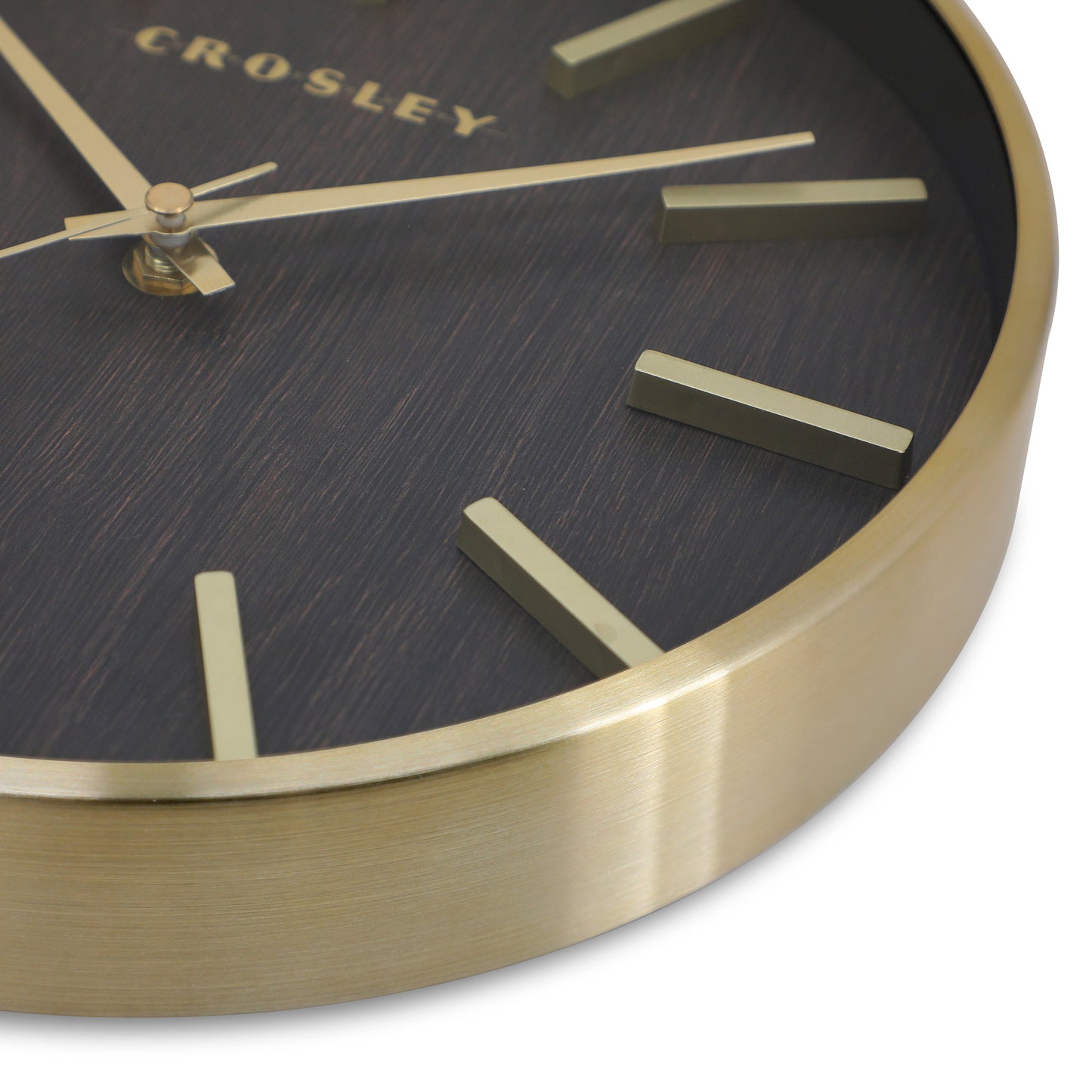 Crosley 10" Wall Clock, Dark Walnut Woodgrain Dial, Brushed Gold Metal Frame, Glass Lens