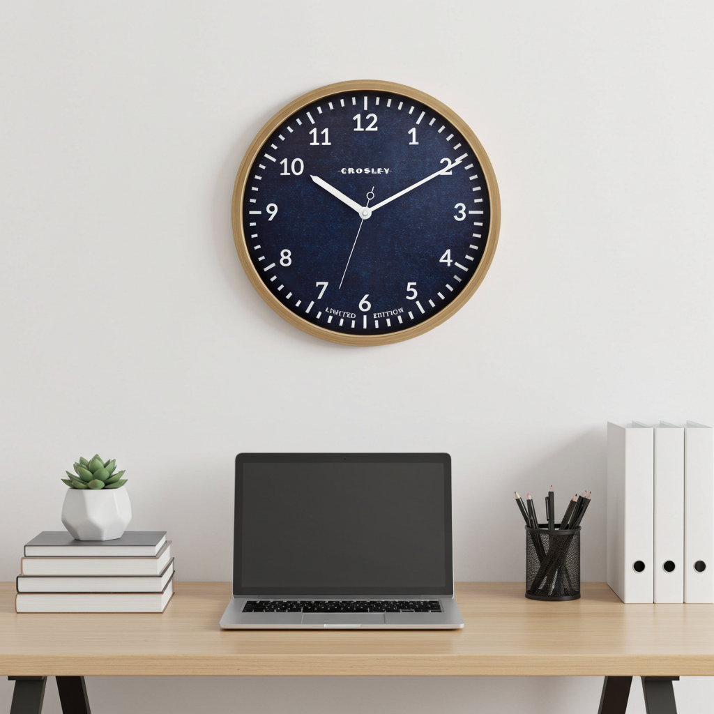 Crosley 15" Denim Blue & Woodgrain Wall Clock – Natural Frame Design
