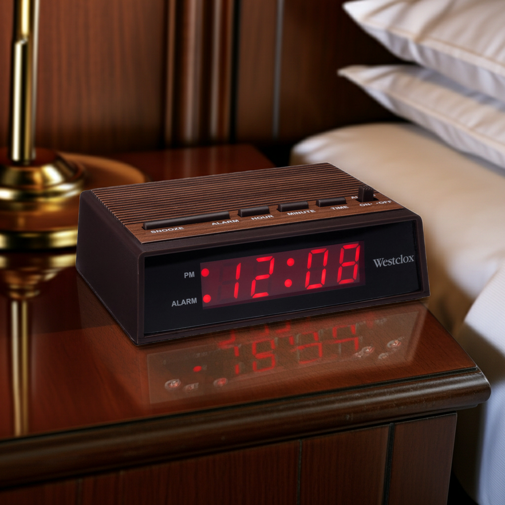 Westclox Woodgrain LED Alarm Clock, 0.6" Red Display, Snooze, Backup Battery