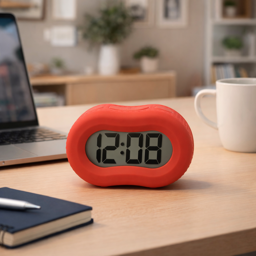 Timelink Alarm Clock, Large Time Display, Automatic Night Light, Red Rubber Case