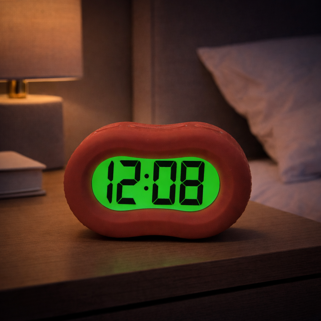 Timelink Alarm Clock, Large Time Display, Automatic Night Light, Red Rubber Case
