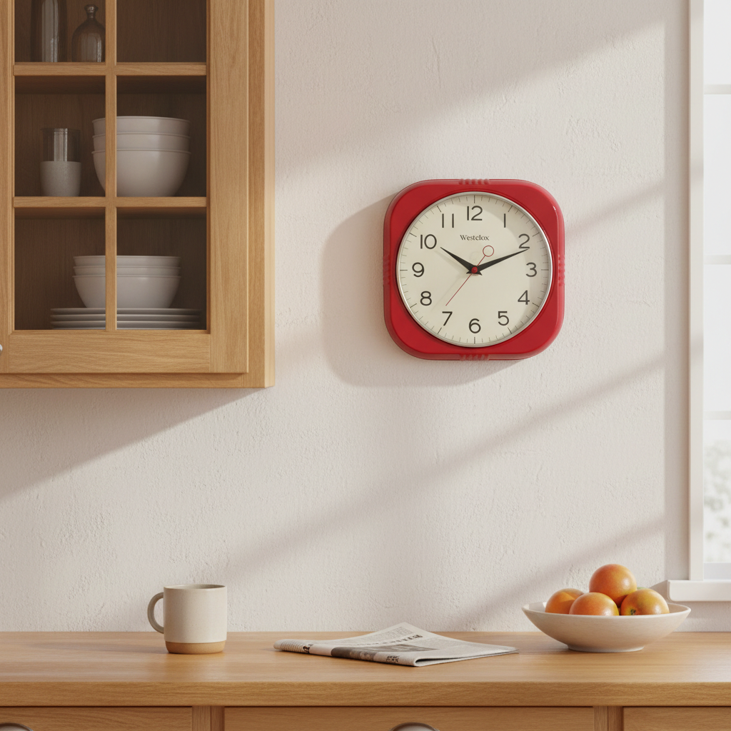 Westclox 9.5" Red Retro Square Wall Clock – Gloss Finish & Chrome Bezel