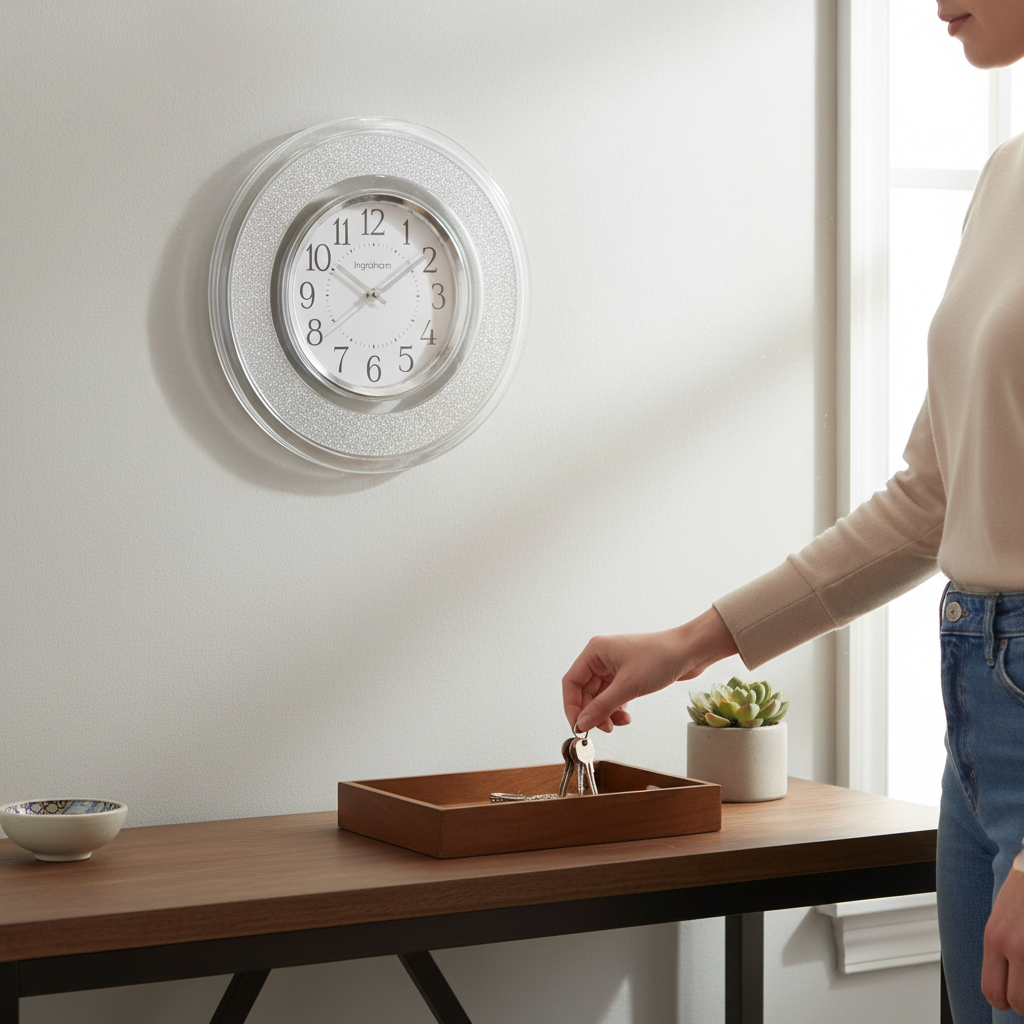 Ingraham 12" Wall Clock, Clear Frame, Silver Glitter, Chrome Bezel, Metal Hands, Glass Lens