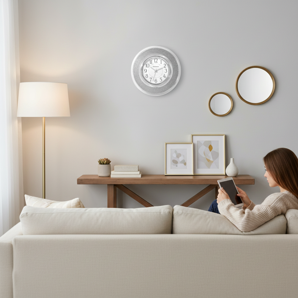 Ingraham 12" Wall Clock, Clear Frame, Silver Glitter, Chrome Bezel, Metal Hands, Glass Lens