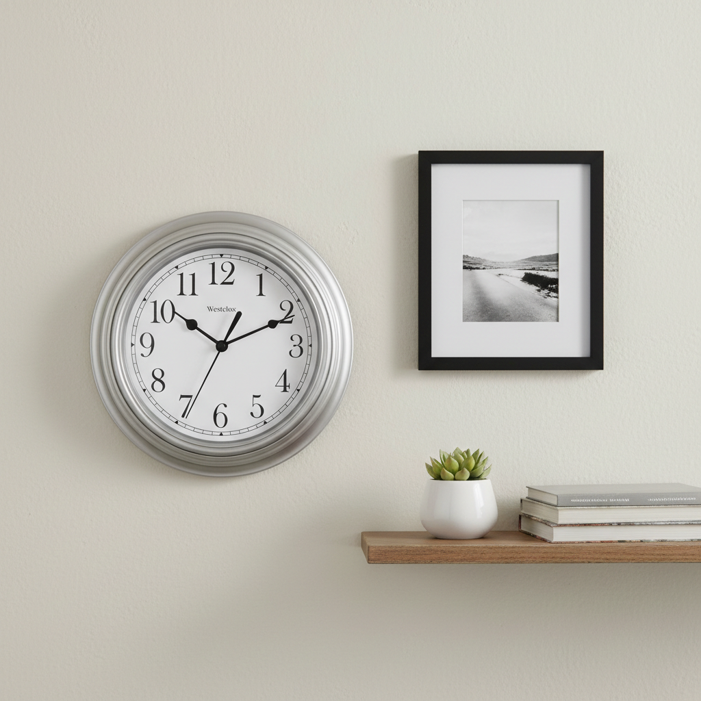 Westclox 9" Basic Wall Clock, Large Dial, Silver Bezel, Metal Hands, Glass Lens, Silver
