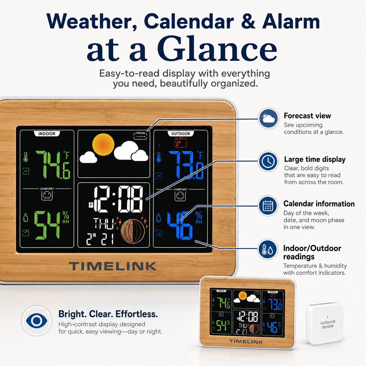 Timelink Bamboo Weather Station – Indoor Outdoor Forecast Display with Alarm