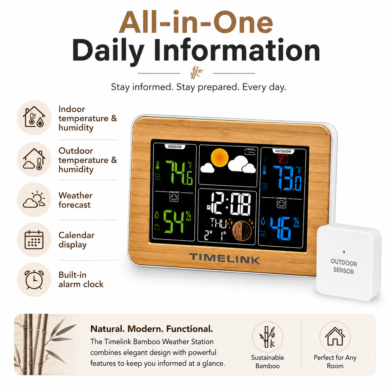 Timelink Bamboo Weather Station – Indoor Outdoor Forecast Display with Alarm