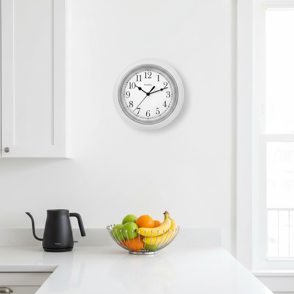 Westclox 9" Basic Wall Clock, Large Dial, Silver Bezel, Metal Hands, Glass Lens, White