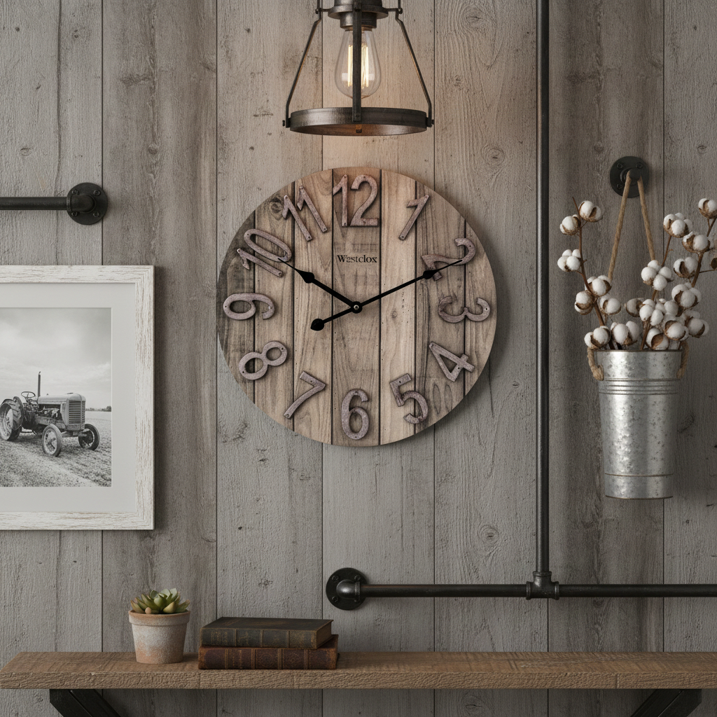 Westclox 15.5" Farmhouse Woodgrain Wall Clock with Galvanized Raised Numbers