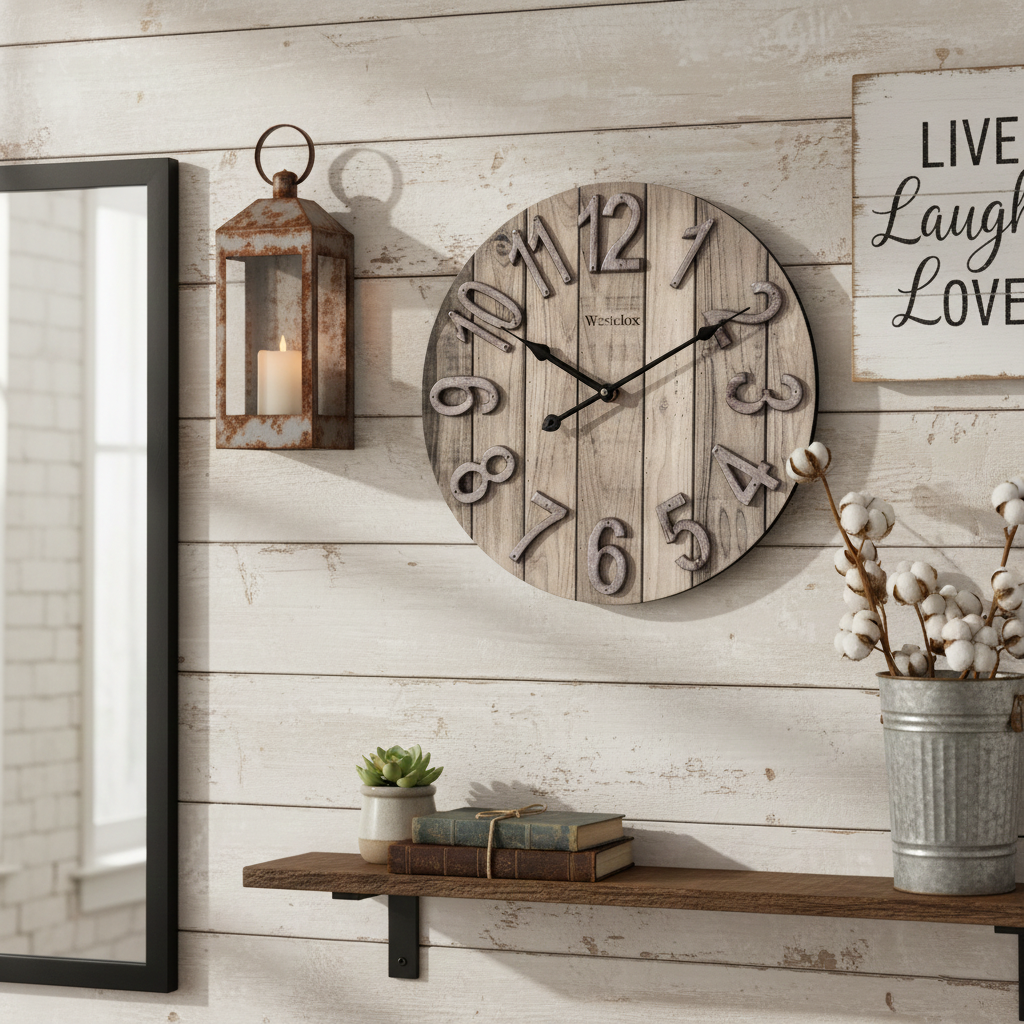 Westclox 15.5" Farmhouse Woodgrain Wall Clock with Galvanized Raised Numbers