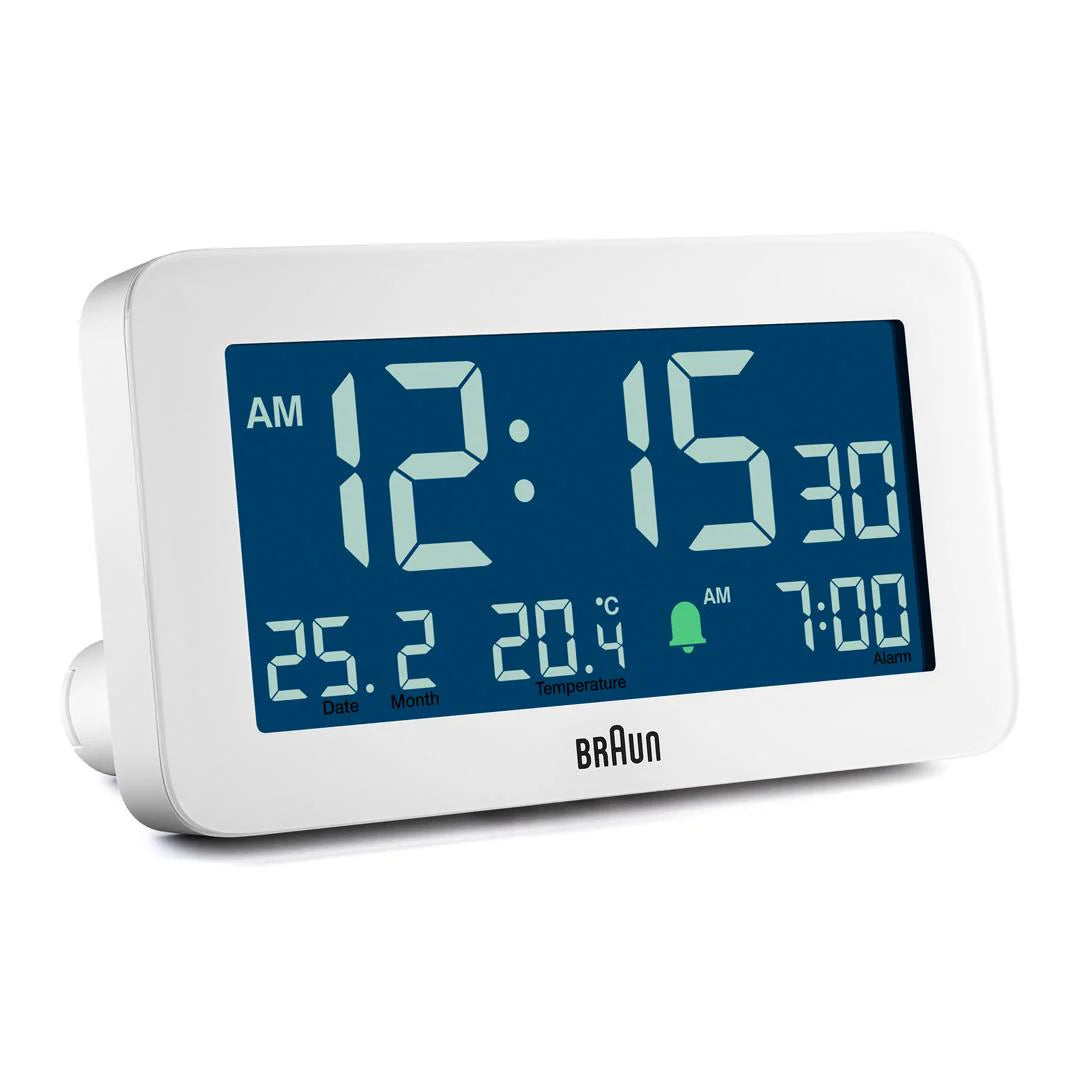 Braun BC10 Digital Alarm Clock – Auto Backlight & Temperature Display (White)
