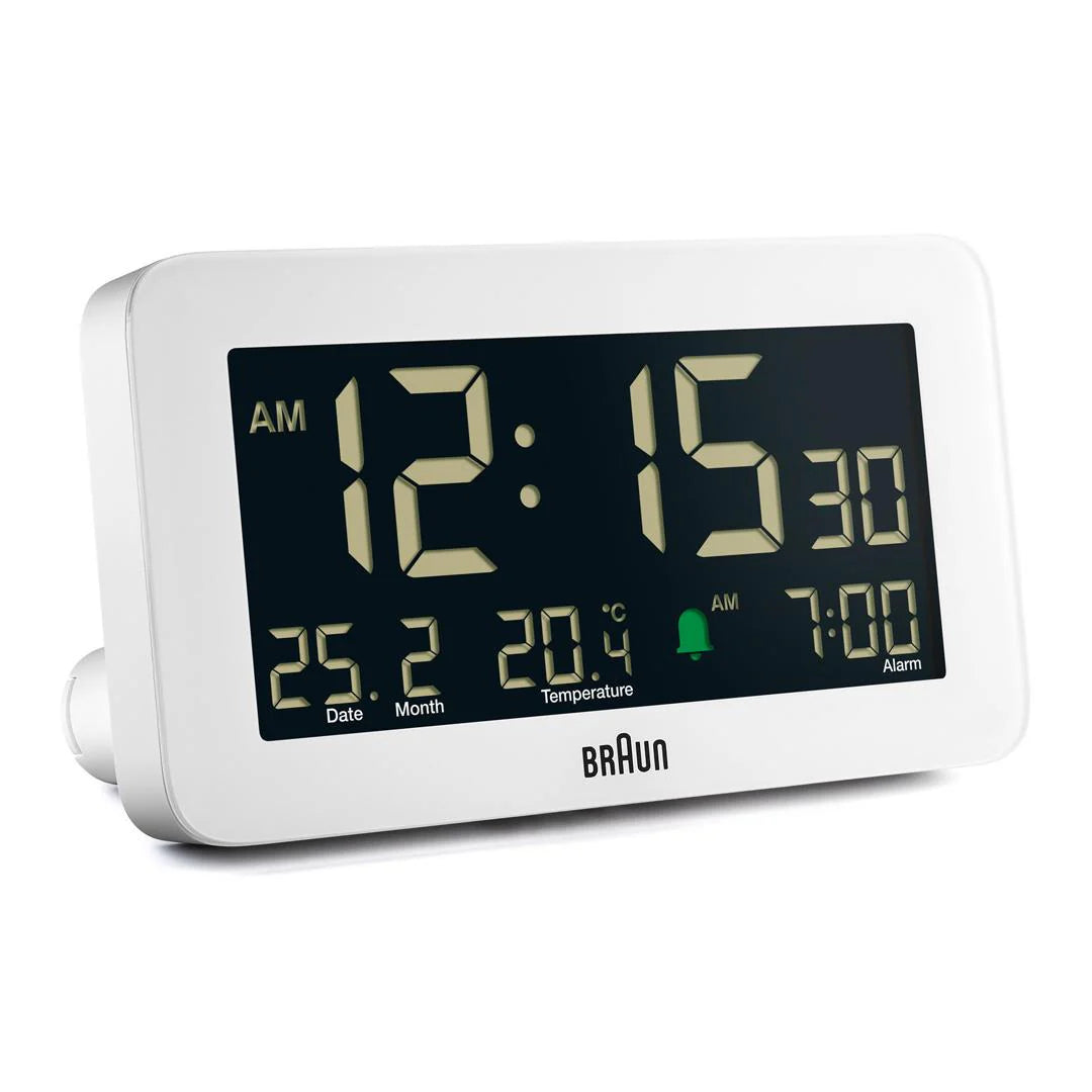 Braun BC10 Digital Alarm Clock – Auto Backlight & Temperature Display (White)
