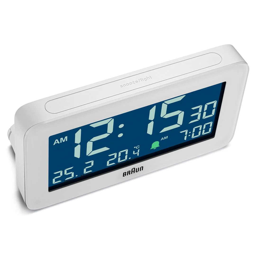 Braun BC10 Digital Alarm Clock – Auto Backlight & Temperature Display (White)