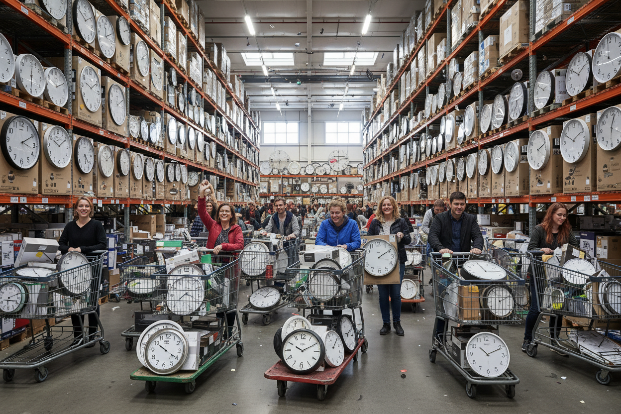 black friday shopping of customers filling overflowing wagons of wall clocks in a warehouse