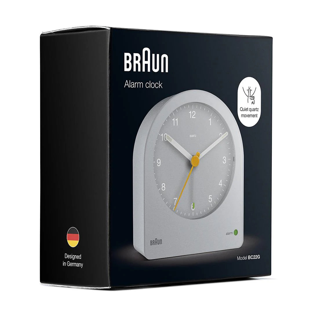 Braun BC22 Analogue Alarm Clock – Continuous Backlight & Quiet Quartz (Grey)