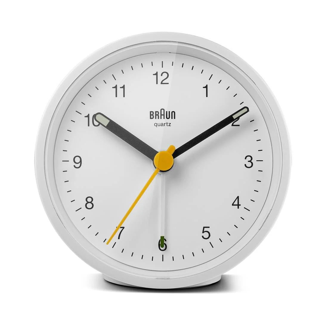 Braun BC12 Analogue Alarm Clock – Iconic Yellow Hand & Quiet Quartz (White)