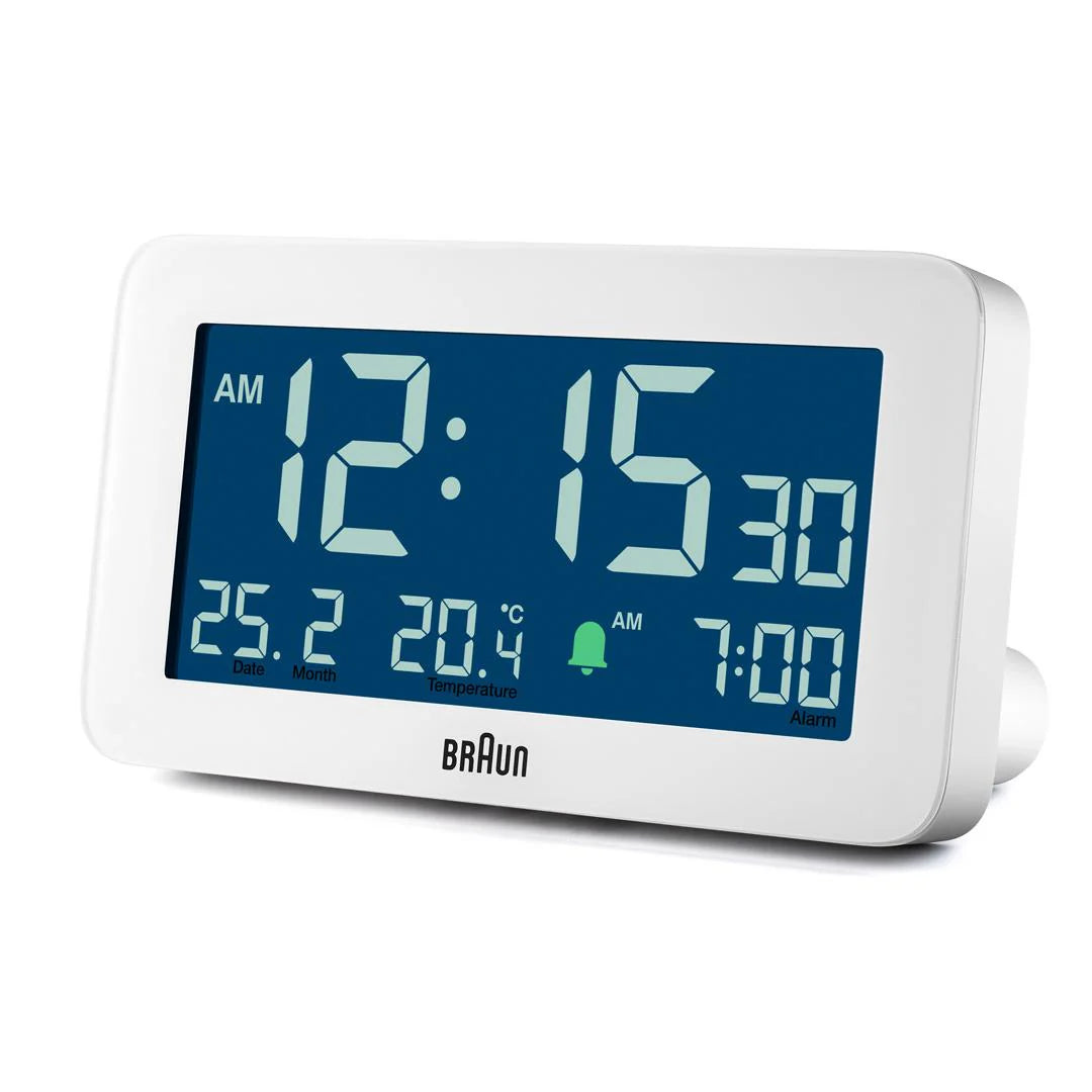 Braun BC10 Digital Alarm Clock – Auto Backlight & Temperature Display (White)