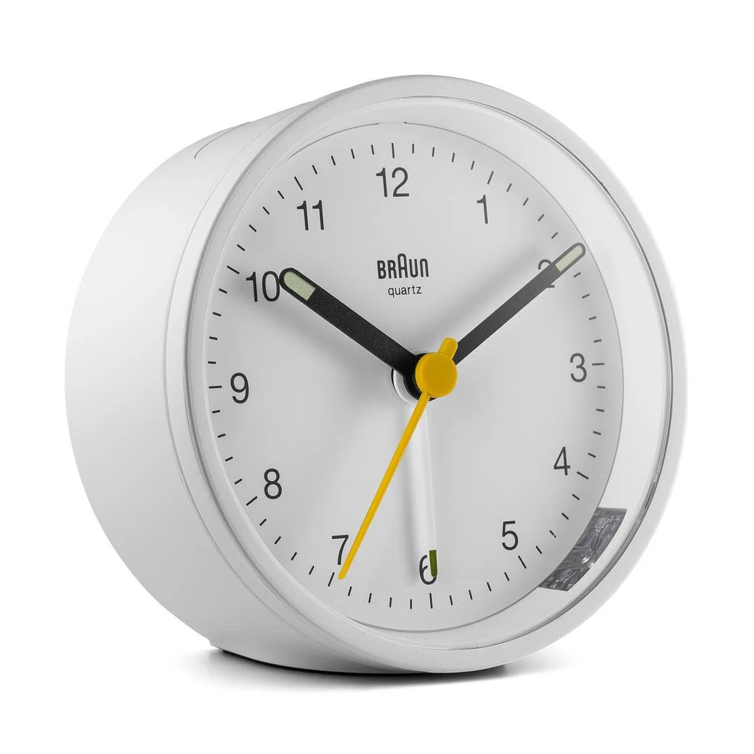 Braun BC12 Analogue Alarm Clock – Iconic Yellow Hand & Quiet Quartz (White)