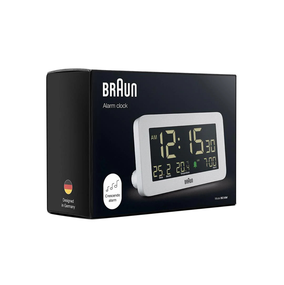 Braun BC10 Digital Alarm Clock – Auto Backlight & Temperature Display (White)