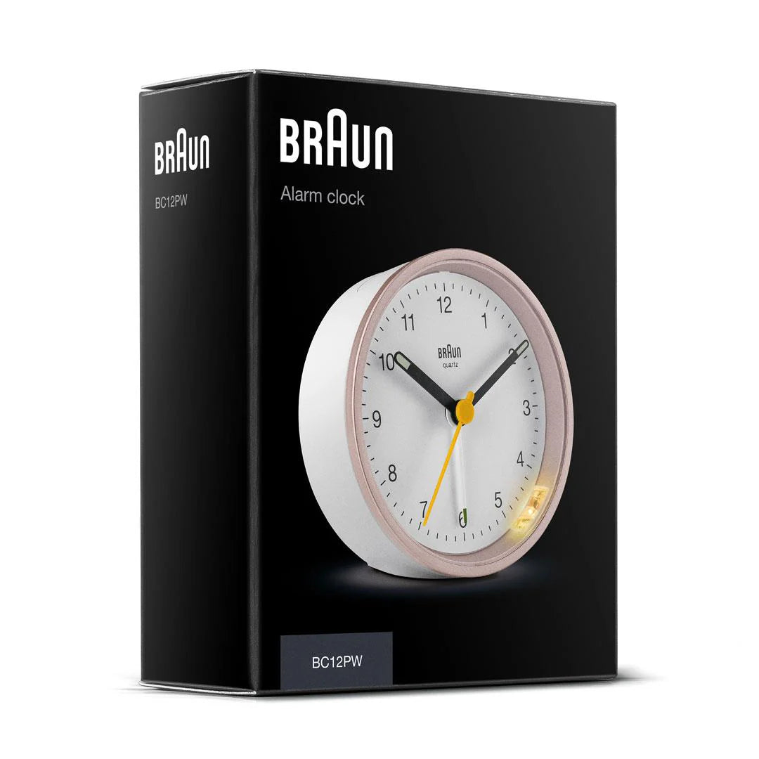 Braun BC12 Analogue Alarm Clock – Iconic Yellow Hand & Quiet Quartz (Pink & White)