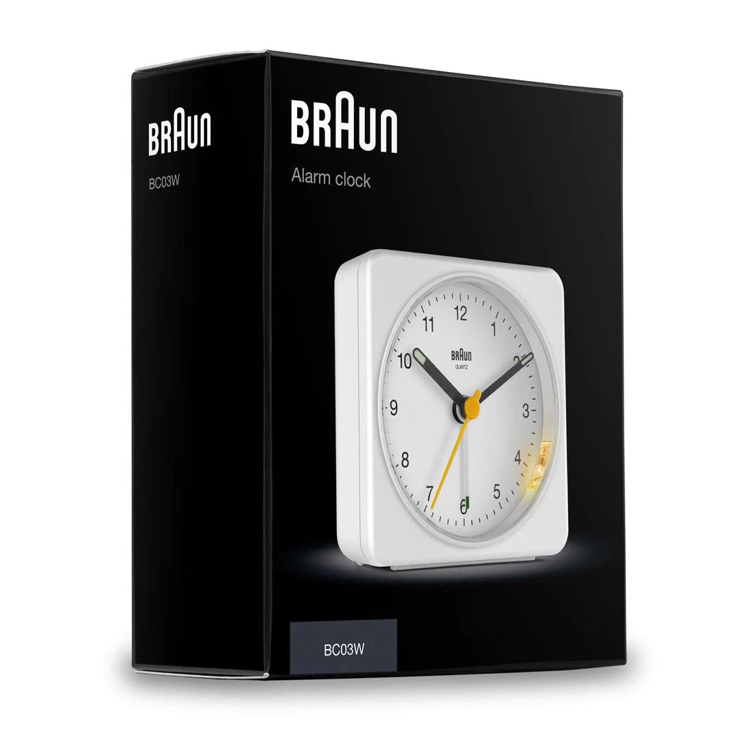 Braun BC03W Analogue Alarm Clock – Quiet Sweep Quartz & Luminous Hands (White)